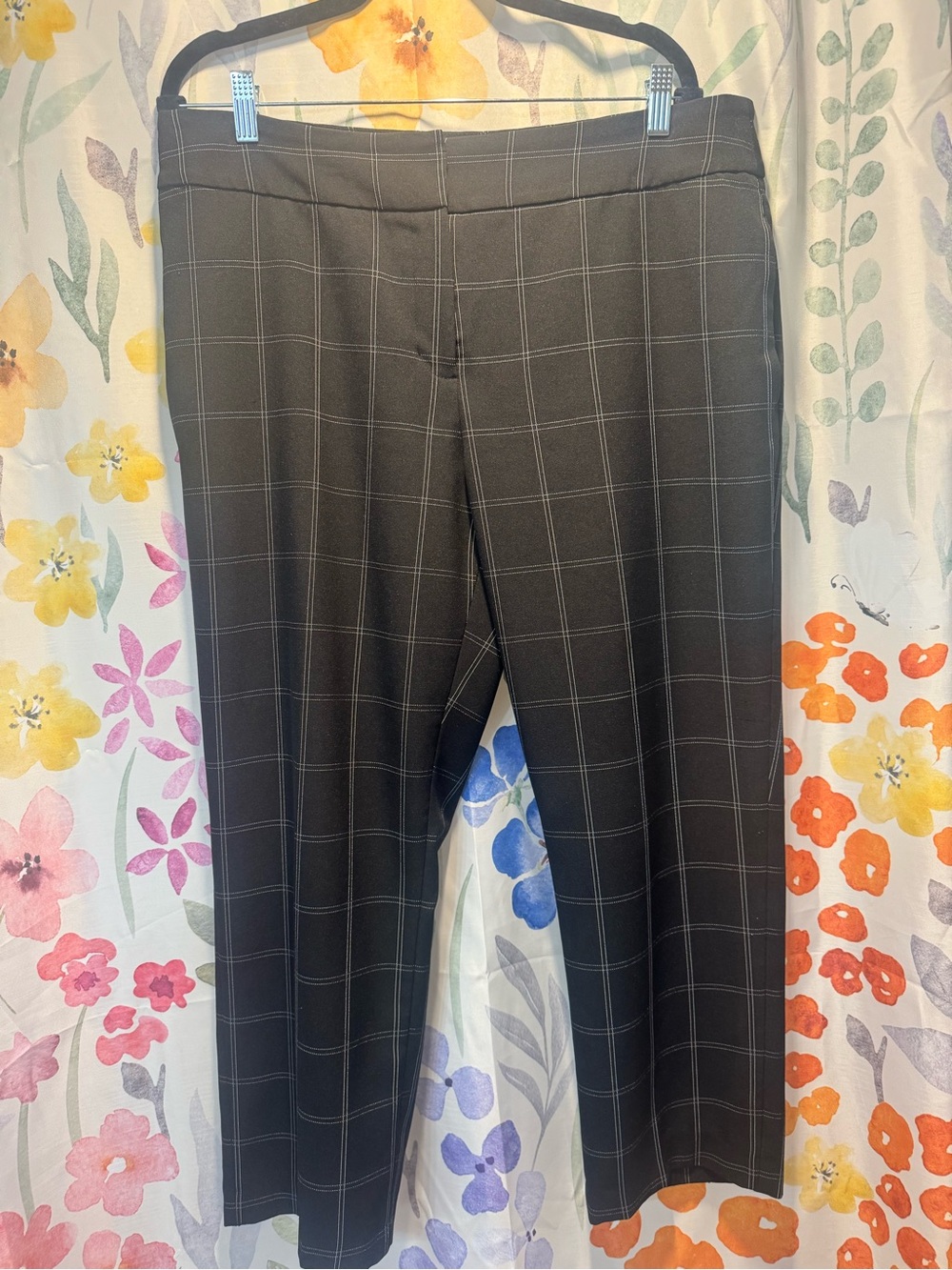 Women's Black Windowpane Straight-Leg Pants